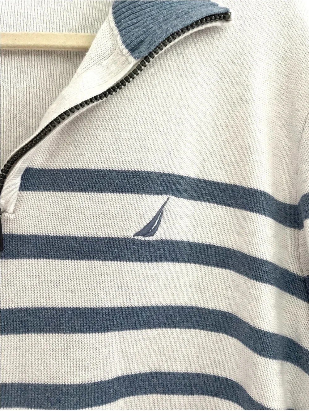 Nautica Men’s Blue Grey Striped Nautical 1/4 Zip Pullover Sweater Coastal Preppy